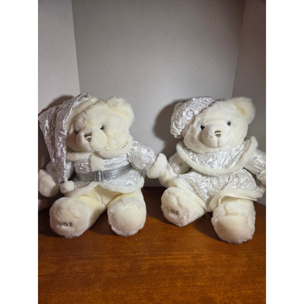 Vintage 18" 2001 Holiday Teddy Bear Set White Silver Snowflake Outfits 2pc Plush